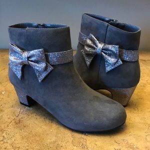 Grey Suede Boots Metallic Bow